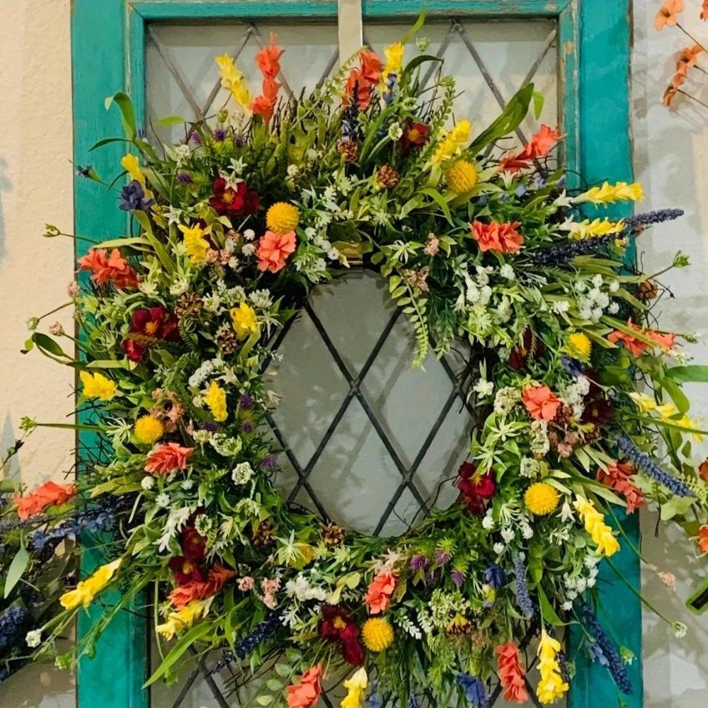 Венок из полевых цветов Весенне-летний венок Венок из искусственных цветов на входную дверь Декор для фермерского дома Свежее зеленое растение Вечный цветок