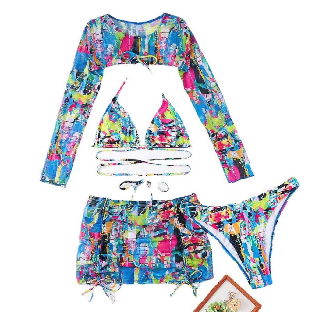 Купальник женский, разделенный комплект из трех предметов, с высокой талией, с кулиской и принтом, с длинными рукавами и круглым вырезом, на шнуровке, бикини, костюмы