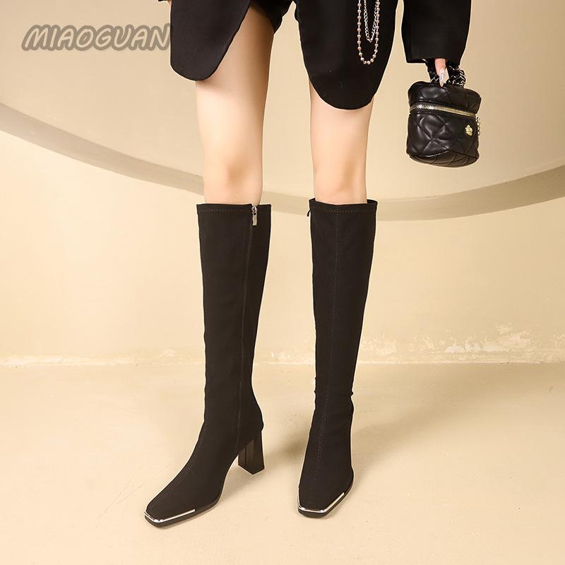 Модные осенне-зимние женские сапоги до колена, сексуальные сапоги на высоком каблуке с квадратным носком, женская обувь в стиле ретро из мягкой кожи с задней молнией, боты