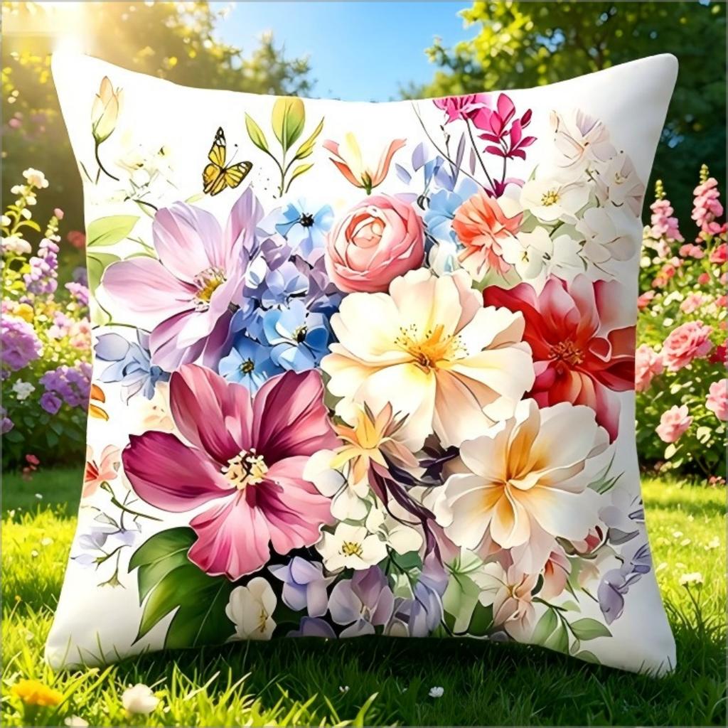 1Pc Watercolor Floral Print Throw Pillow Cover, Double Sided Botanical Flower Cushion Case For Home Decor