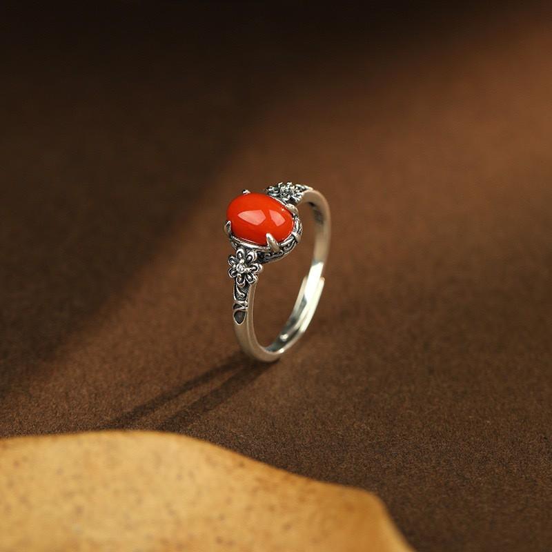 Adjustable Flower Ring Women Men Vintage Ethnic Style Red Agate Jade Oval Floral Statement
