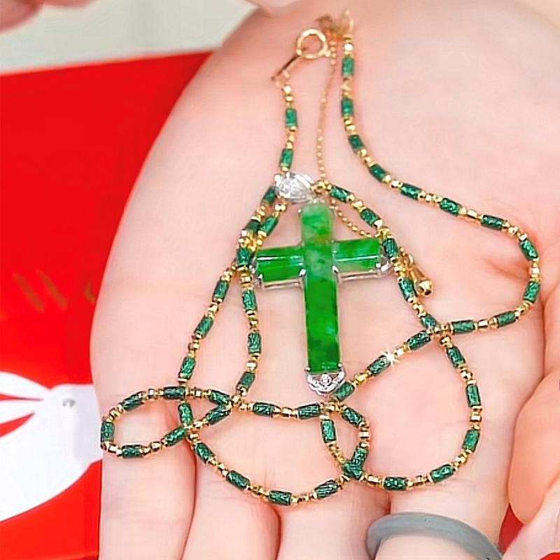 2023 Imitation Jade & Diamond Cross Pendant Necklace, Green Gold-Plated