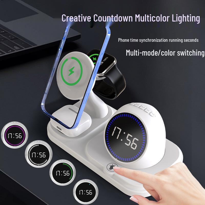 Беспроводное зарядное устройство Cross-New 6-в-1: Магнитный, Часы, RGB Bluetooth-динамик, Многофункциональный настольный аксессуар