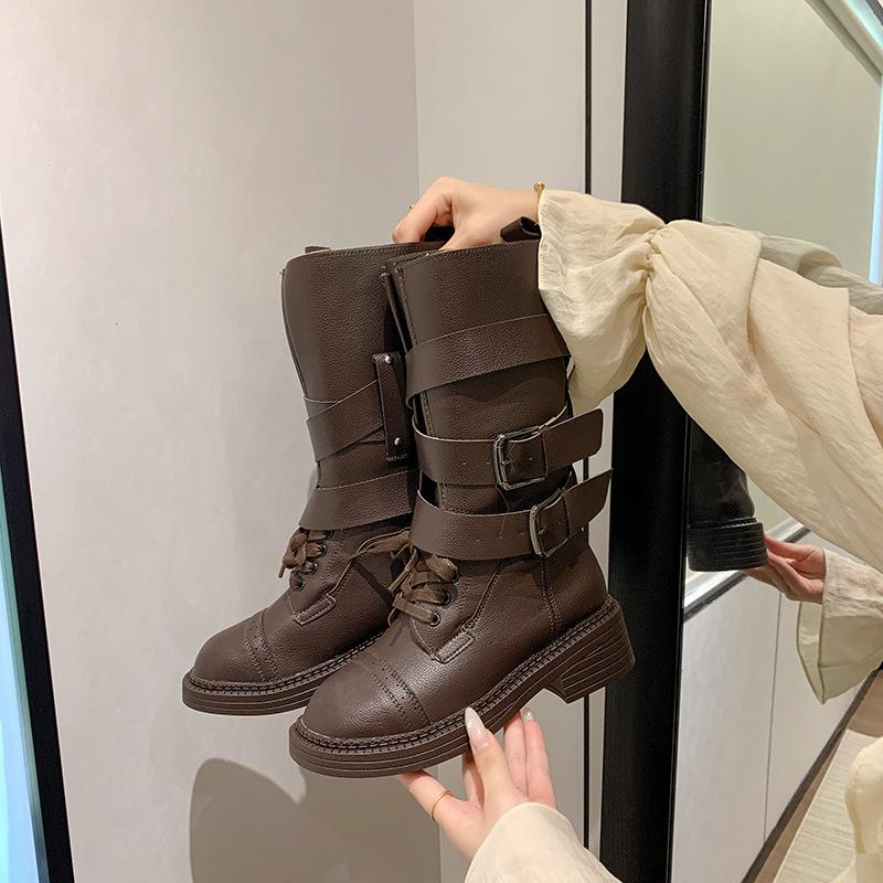 Британский стиль ретро полусапоги женские 2025 осень и зима новая мягкая кожа толстый каблук пряжка платформа модные сапоги