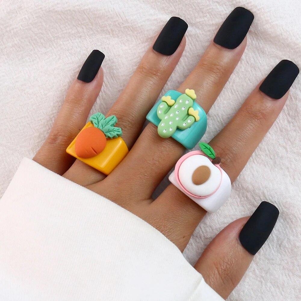 Кольцо с фруктами из мультфильма, женское модное корейское кольцо с милыми животными из смолы, набор акриловых колец, подарок на Рождество, день рождения, ювелирные изделия для девочек