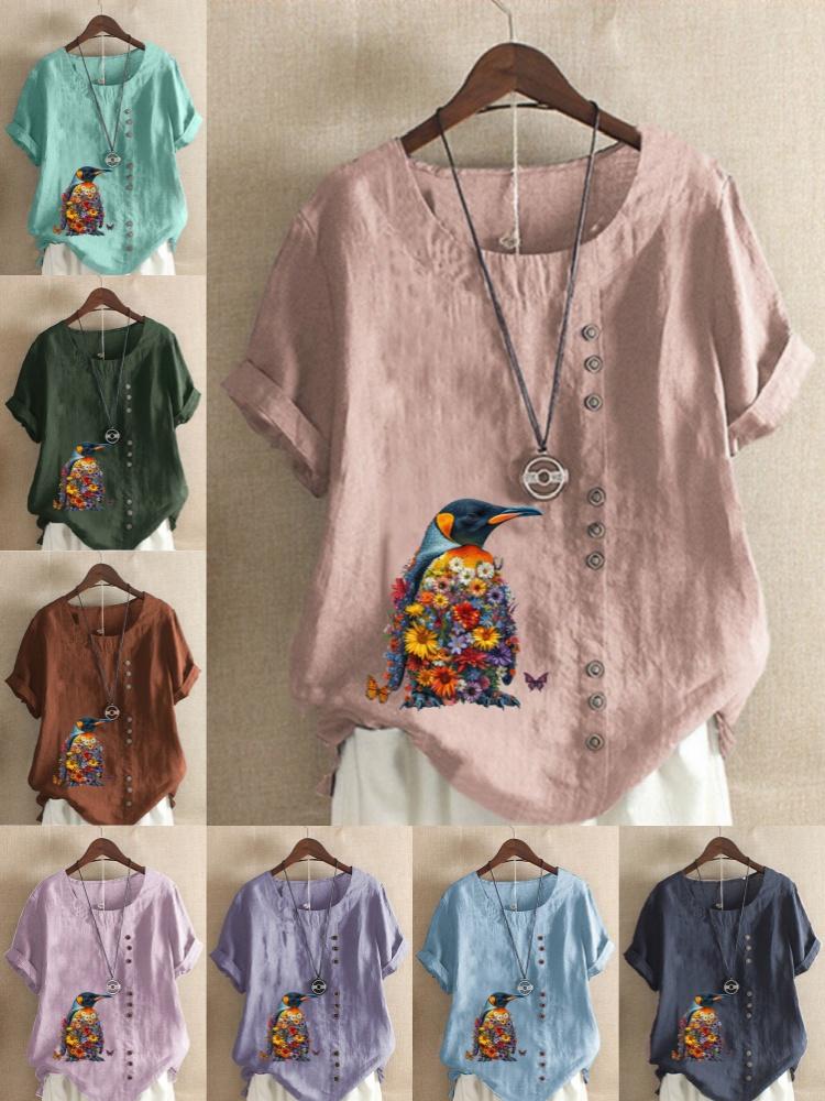 Women's Fashion Penguin Floral Print Round Neck Short Sleeve T-shirt Casual Cotton Linen Graphic Shirt Leisure Loose Summer Blouse Tops