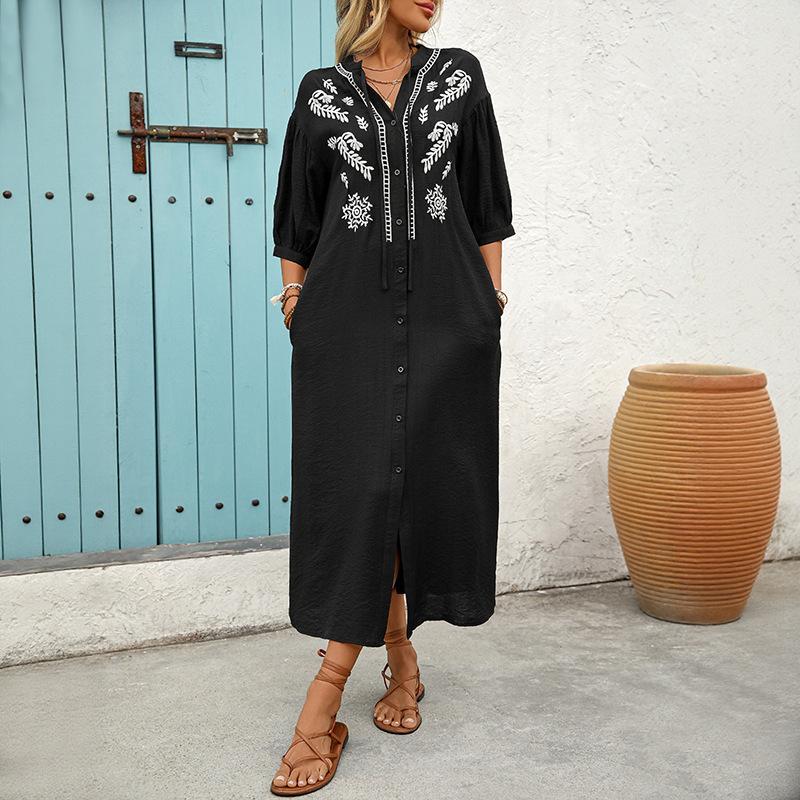Amazon 2025 summer new European and American cross-border casual personality ethnic style loose five-quarter sleeve embroidered dress