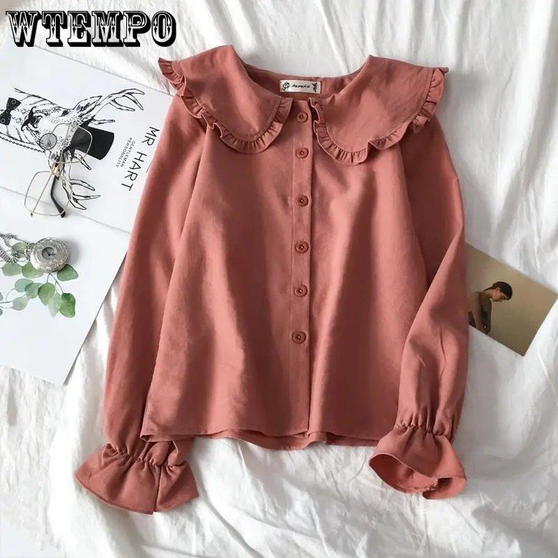 WTEMPO Рубашки с воротником «Питер Пэн», женские корейские студенческие каваи, милые повседневные топы, уличная одежда, повседневные однотонные блузки