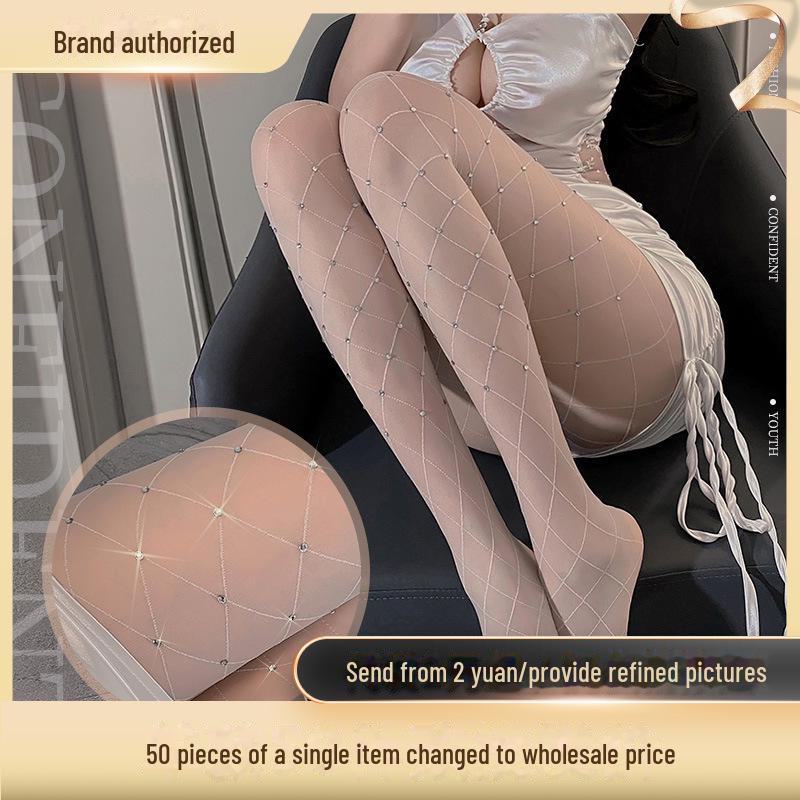 Колготки Feimu с открытой промежностью, украшенные бриллиантами - Белый шелк 7229