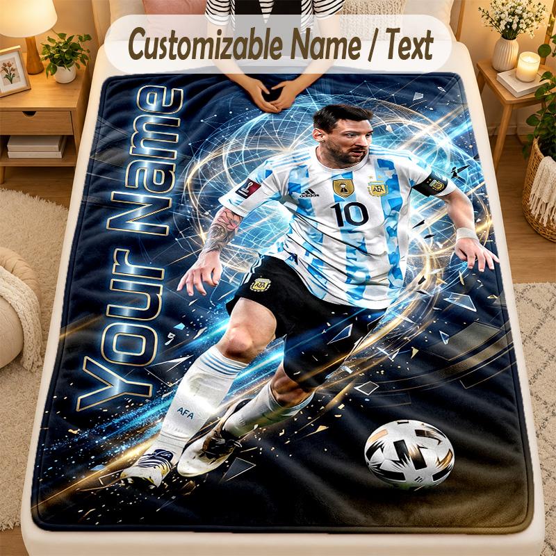 Flannel BlanketLionel Messi Custom Name Text Personalized Soft Warm Throw Blanket Home Decor Gift