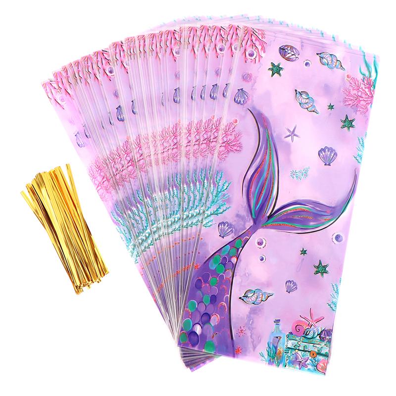 50Pcs Mermaid Party Candy Bags Biscuit Packing Bag Mermaid Birthday Gift Bag