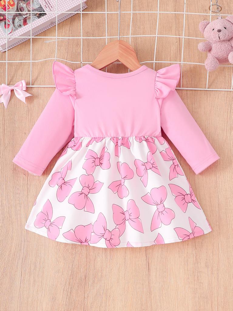 Платье с длинным рукавом и оборками для девочек, базовое с круглым вырезом, повседневное, мягкое платье с принтом для детей