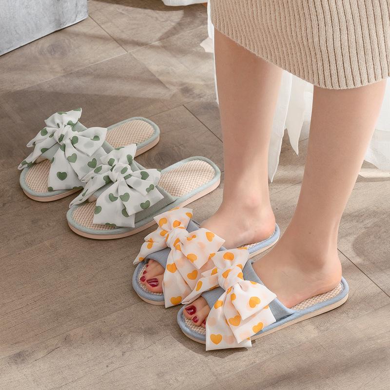 Elegant Home Linen Slippers Breathable Sandal Slippers Female Summer Indoor Fabric Slippers Love Bow Comfortable Slippers Home Shoes Slippers Pink