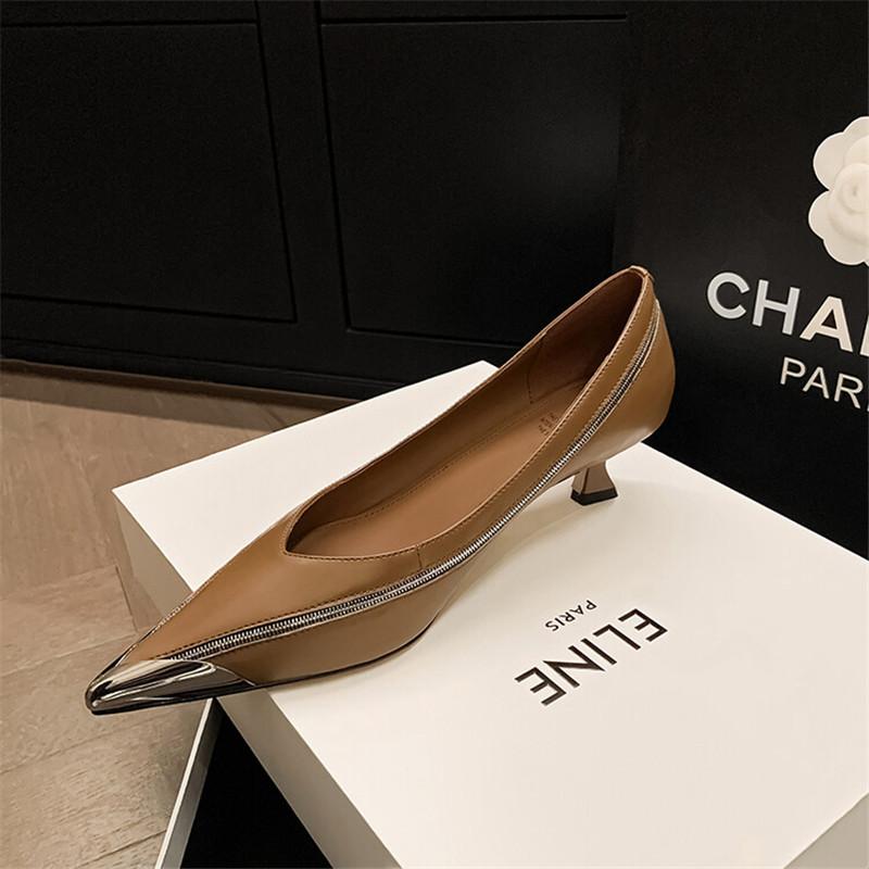 Fashion 2024 New Spring Summer Split Leather Women Shoes Metal Pointed Toe High Heel Women Pumps Shallow Loafers for Women Ladies Shoes