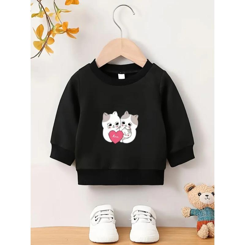 Kids Crewneck Sweatshirt, Cartoon Family of Three Kittens Graphic Print, Spring Autumn Casual Tops