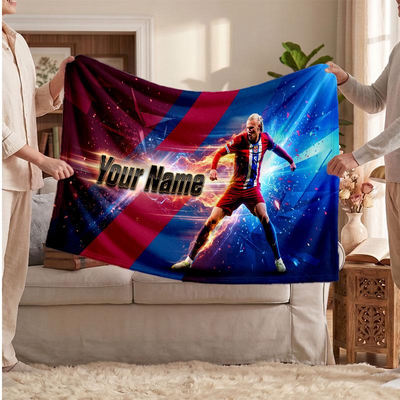 Erling Haaland Personalized Fleece Blanket With Football Logo, Custom Name Text Soft Warm Home Throw Blanket