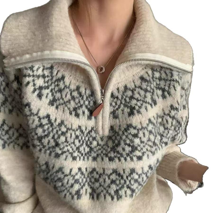 Women's Fair Isle Wool High Neck Zipper Sweater - Autumn/Winter Loose Knitwear