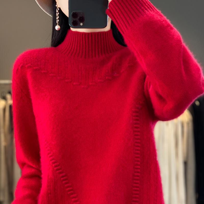 Women's Solid Color Thick Drum Wave Sweater Korean Version Pullover Half High Collar for Inner and Outer Wear Fashionable Base Women's Sweater