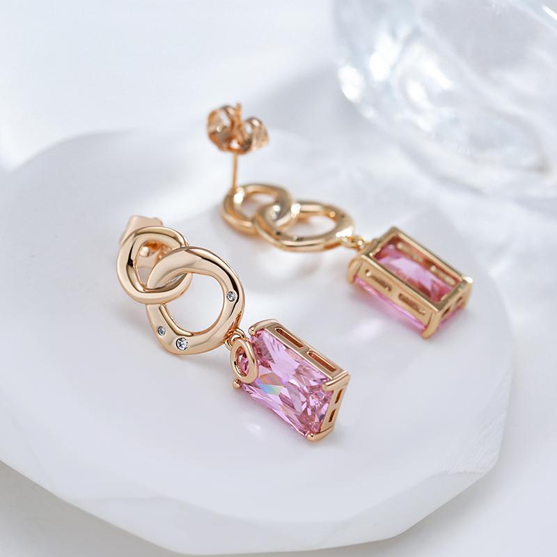 Квадратный розовый циркониевый кулон, пересекающийся круг, серьги-гвоздики для женщин, уникальный дизайн, ювелирные аксессуары