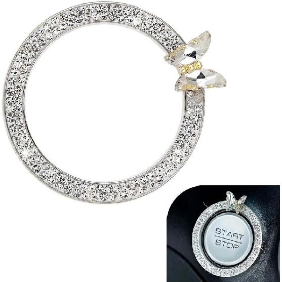 Bling Car Crystal Rhinestone Ring Emblem Sticker, Girly Butterfly Diamond Engine Start Button Cover, Push to Start Button, Key Ignition Starter &