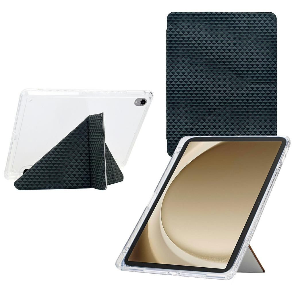 For Samsung Galaxy Tab A9+ Case Y-Fold Stand Pyramid-Patterned Leather+Clear Acrylic Tablet Cover with Pencil Holder