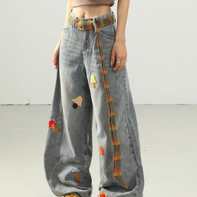 Женские ретро джинсы с вышивкой и широкими штанинами - Свободный крой, Длина в пол, Стиль скимитар для осени и зимы