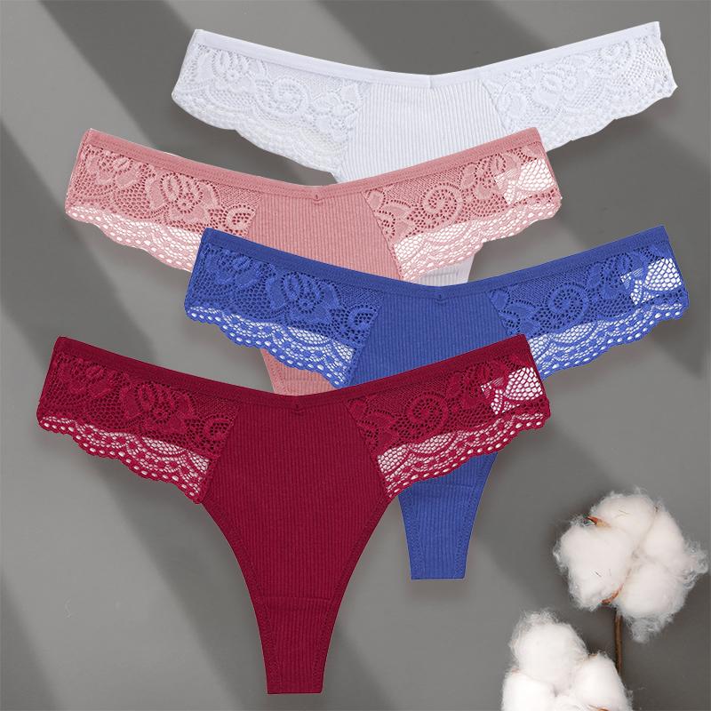 4PCS/Set Sexy V-Waist Women Cotton G-string S-XL Lace Lingerie Panties Thongs Femme Underwear Girls Underpant Intimates