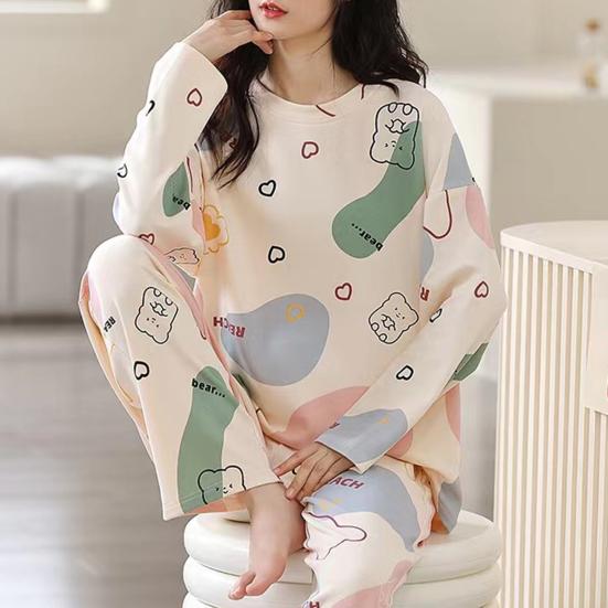 2Pcs/Set O-Neck Long Sleeve Mid-Rise Elastic Waistband Loose Pajamas Set Girls Cartoon Print Pullover Blouse Long Pants Set