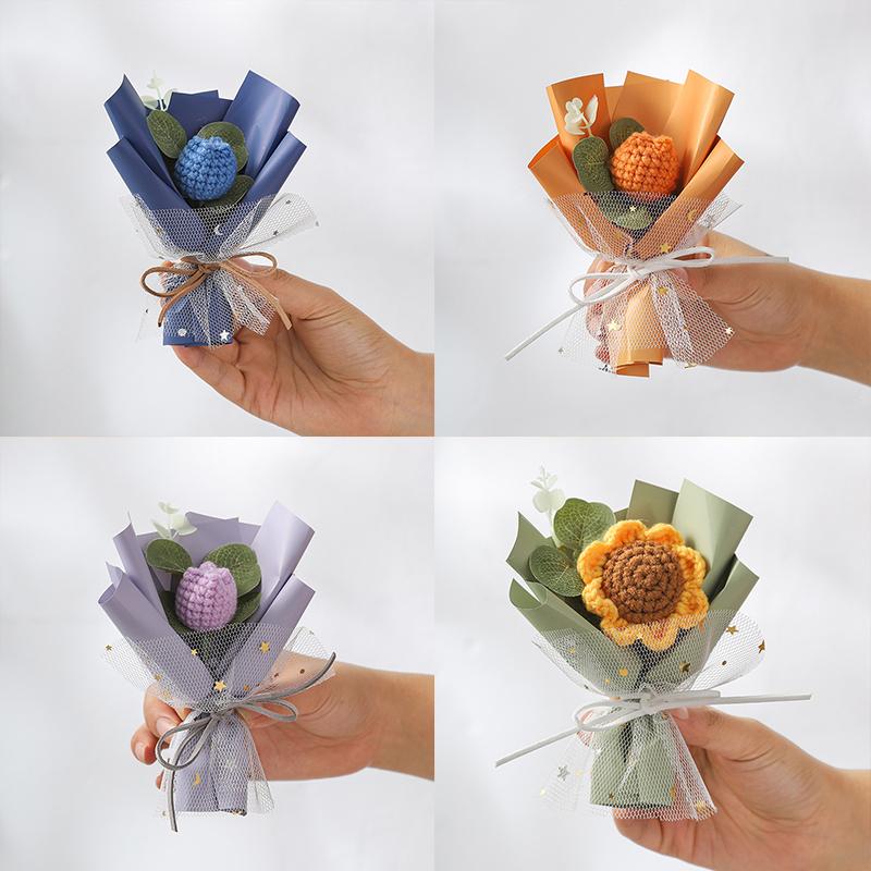 Подарки Искусственные вязаные цветы Мини-букет крючком Вязаный маленький букет Поделки ручной работы