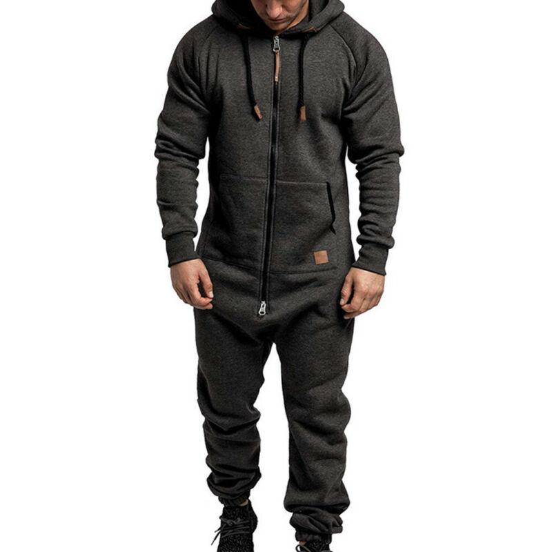 Zipped Up Men One Pieces Hooded Jumpsuit Solid Color Long Sleeve Winter Warm Casual Tracksuit