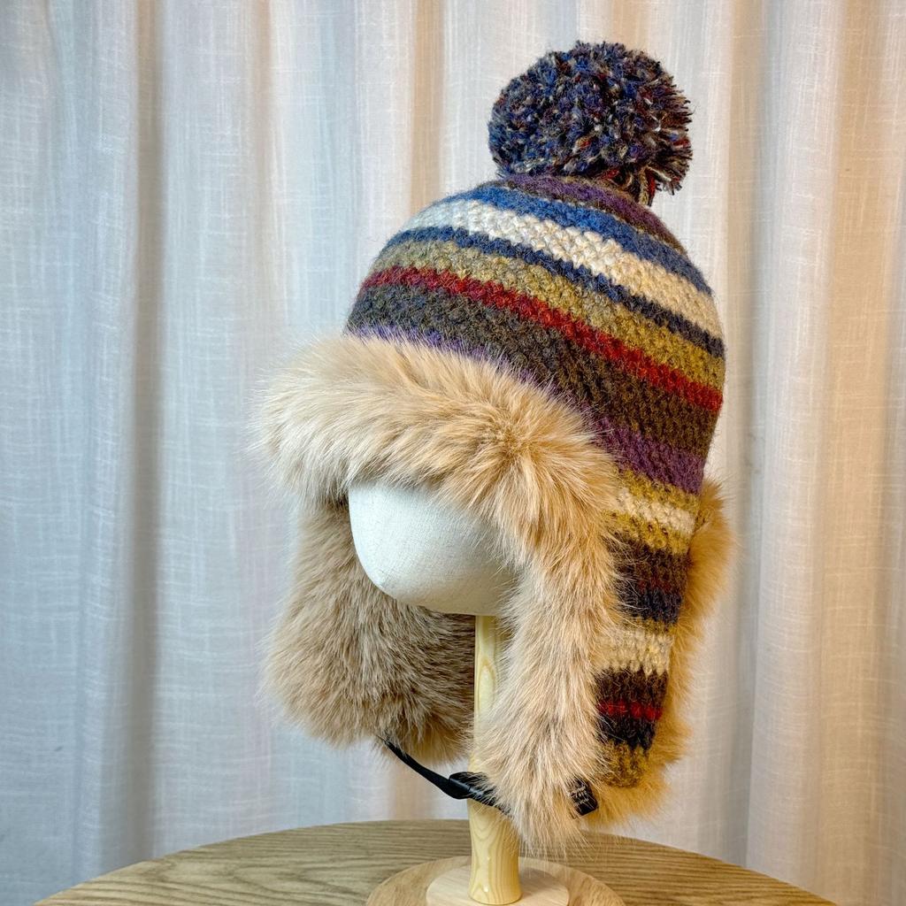 Rainbow Striped Plush Ear Protection Hat for Women In Autumn and Winter Thickened Plus Velvet Lei Feng Hat Northeast Cold Proof Knitted Pullover Hat