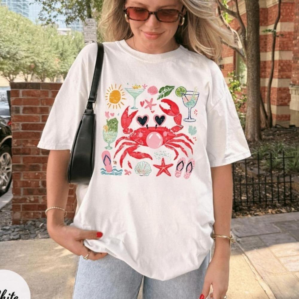 Funny Crab Shirt Crab Blowing Bubble Graphic Tee Beach Vibes Nautical Tees Summer Vacation Gift Graphic Summer Clothes