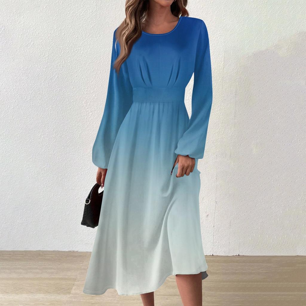 Женское осенне-зимнее повседневное модное платье с круглым вырезом и длинным рукавом с принтом