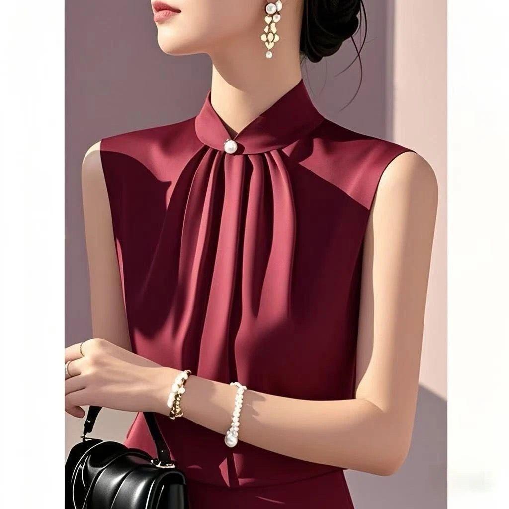 Летняя французская атласная уникальная легкая роскошная шикарная высококлассная рубашка без рукавов