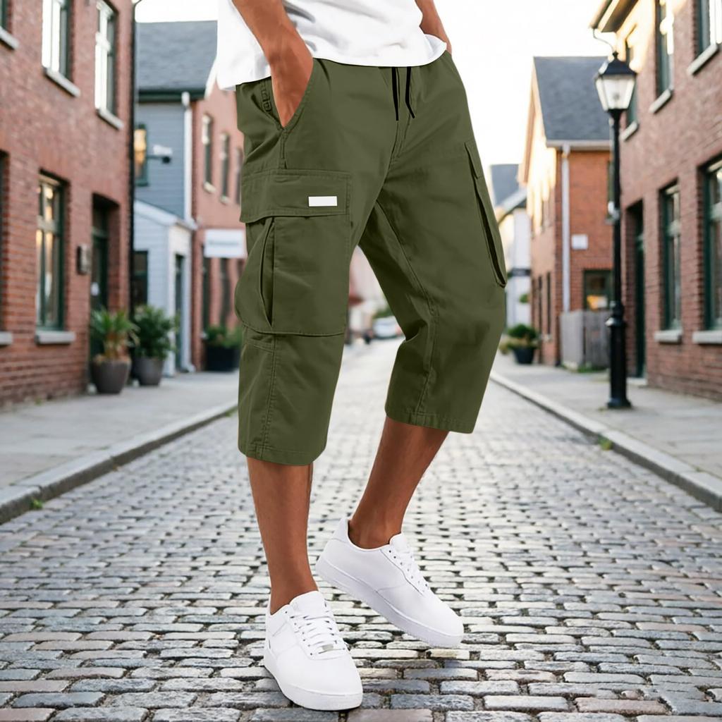 Men’s Drawstring Cargo Pants Multi Pocket Relaxed Fit Seven Quarter Length Casual Trousers for Daily Wear Outdoor Activities