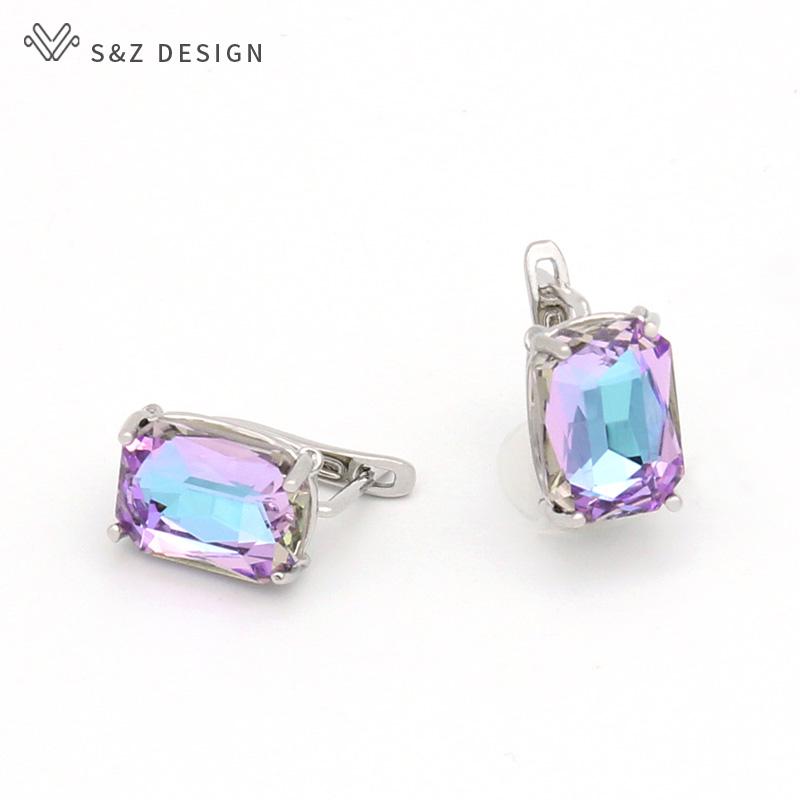 Fashion Colorful Rectangular Crystal Drop Earrings For Women Wedding Jewelry Rose Gold Color Eardrop