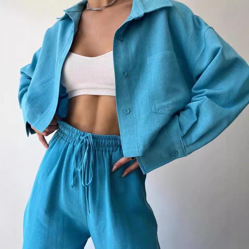 Комплект рубашки с длинным рукавом и брюк на кулиске однотонного цвета, европейский и американский стиль, 2025 год