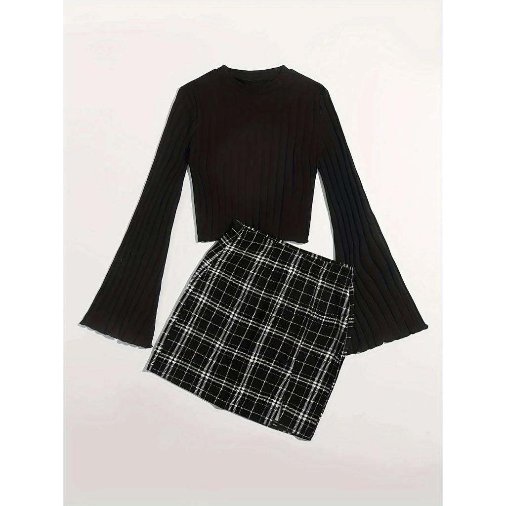 Повседневный комплект из двух частей юбки с цветными блоками, топ с круглым вырезом и длинными рукавами и клетчатые юбки, женская одежда