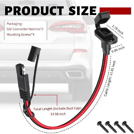 2PCS 0.98Ft SAE Quick Connector Harness with Dust Cap,12AWG 12V Quick Connect Plug with Male Plug to Female Socket,SAE Plugs Kit with Mounting Screws