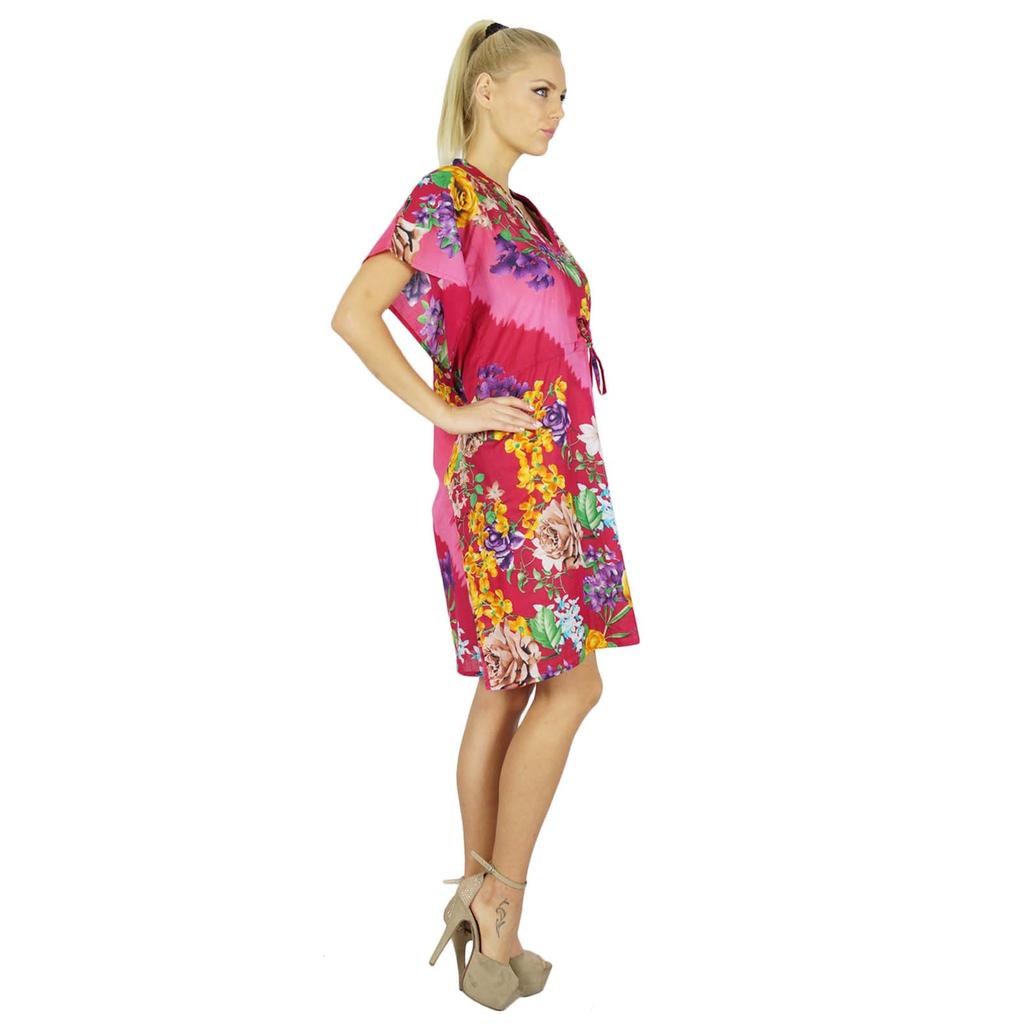 Bimba Women Cotton Kaftan Bridesmaid Short Pink Floral Chic Beach Caftan