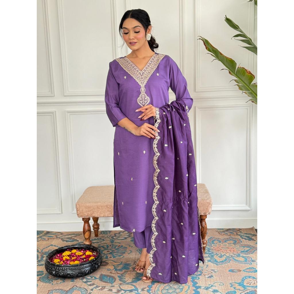 Viscose Chanderi Ethnic Kurta Set Designer Wedding Wear Kurti Pant Dupatta Set VF-1455