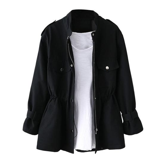 Осенне-зимняя женская куртка с воротником-стойкой, нагрудными карманами, застежкой-молнией, узкая талия, однотонная, средней длины, для путешествий, шопинга, поездок на работу