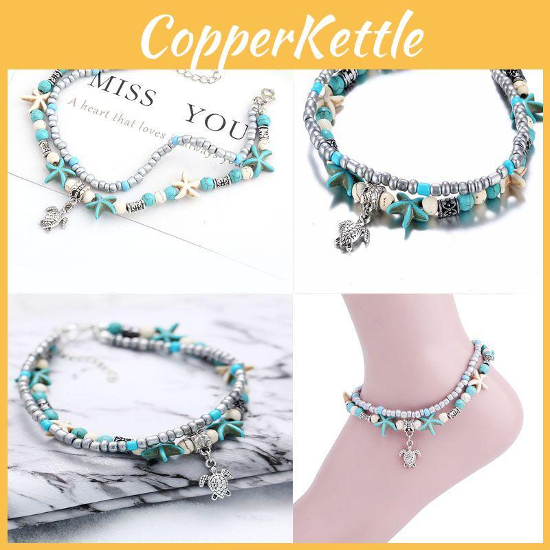 Ретро голубой браслет на ногу с дизайном черепахи для пляжного отдыха и курорта