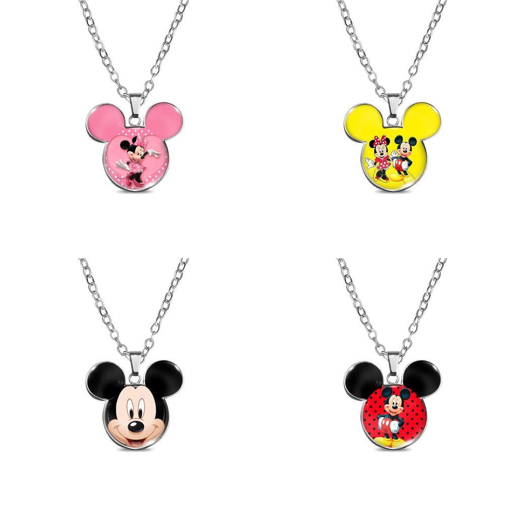 Vintage Mickey Minnie Cartoon Style Necklace With Retro Gemstone Pendant For Unique Fashion