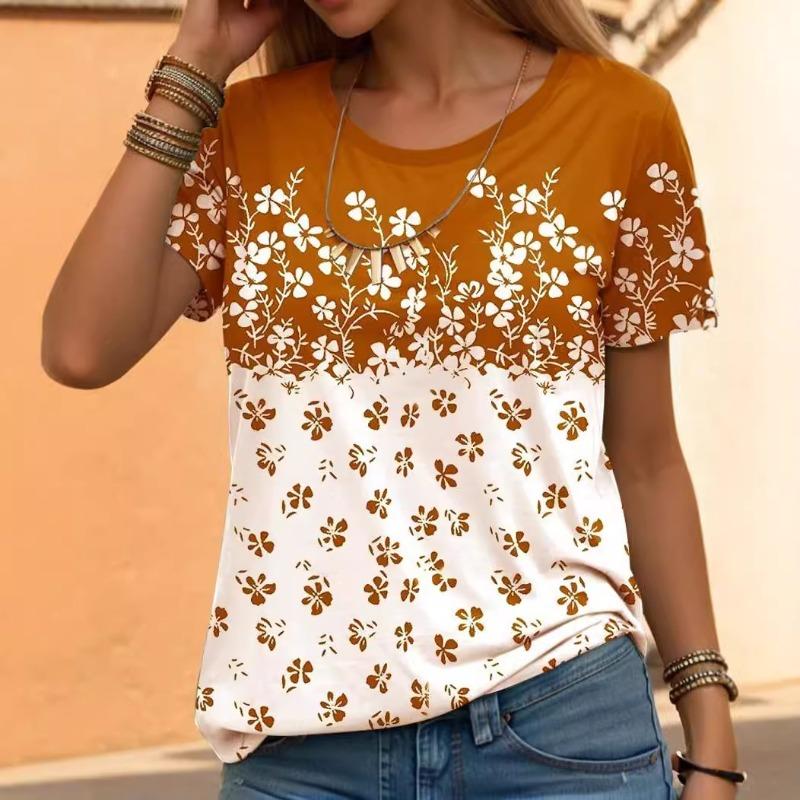 Летняя женская рубашка с круглым вырезом и короткими рукавами в красно-белую принтованную клетку для поездок на работу