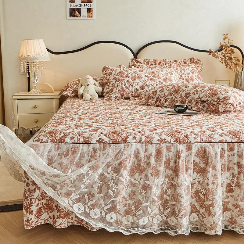 Хлопковое двойное кружевное покрывало для спальни с цветочным принтом, корейское нескользящее пылезащитное покрывало, студенческое постельное белье, одинарный двойной наматрасник, защита