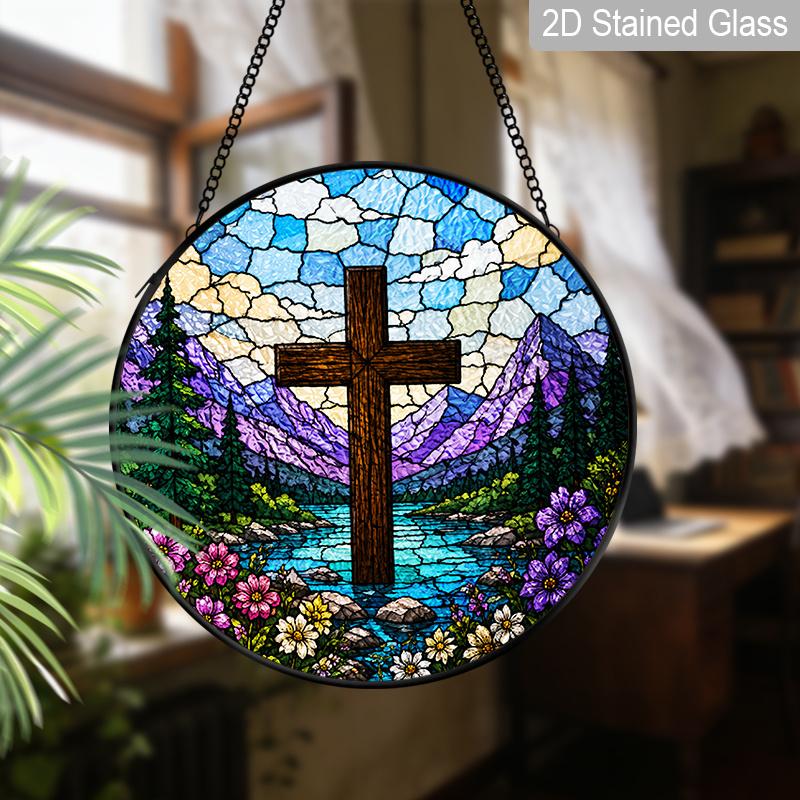 2D Flat Cross Stained Glass Suncatcher, 6.3/7.87 InchChristianStained Glass Suncatche Window Hanging Faith Cross and Mountain Valley Stained Glass