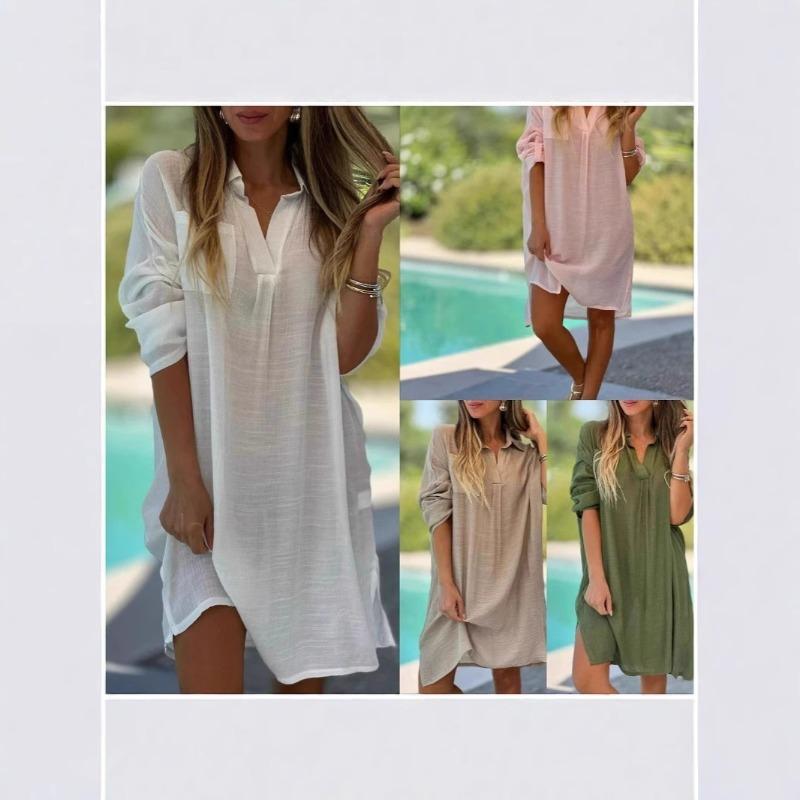Casual Spring Summer Loose Beach Short Sleeved Solid Color Cotton Linen Shirt Dress