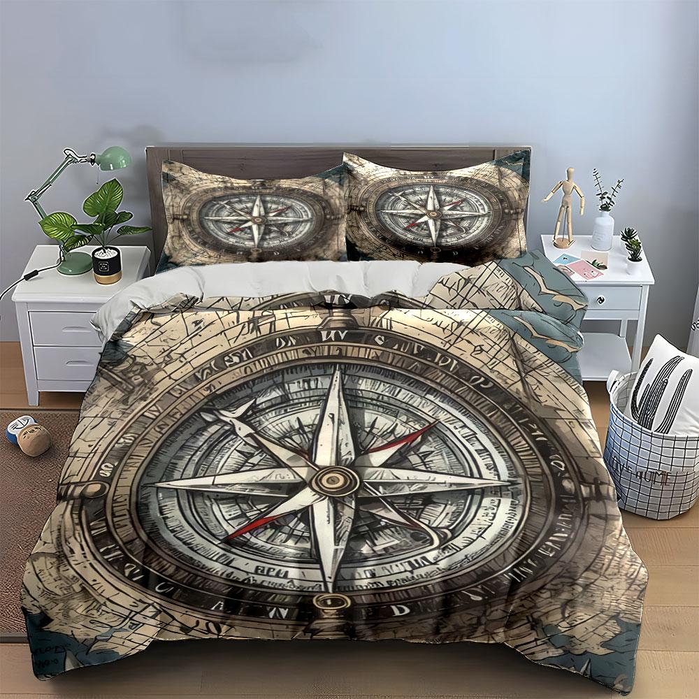 Vintage Nautical Compass Decor Set Soft Skin-Friendly Bedding Set Includes 1 Duvet Cover And 2 Pillowcase, Gift