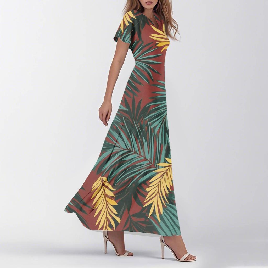 Women's Summer Casual Fashion Retro Floral Dress V Neck Short Sleeve Dress